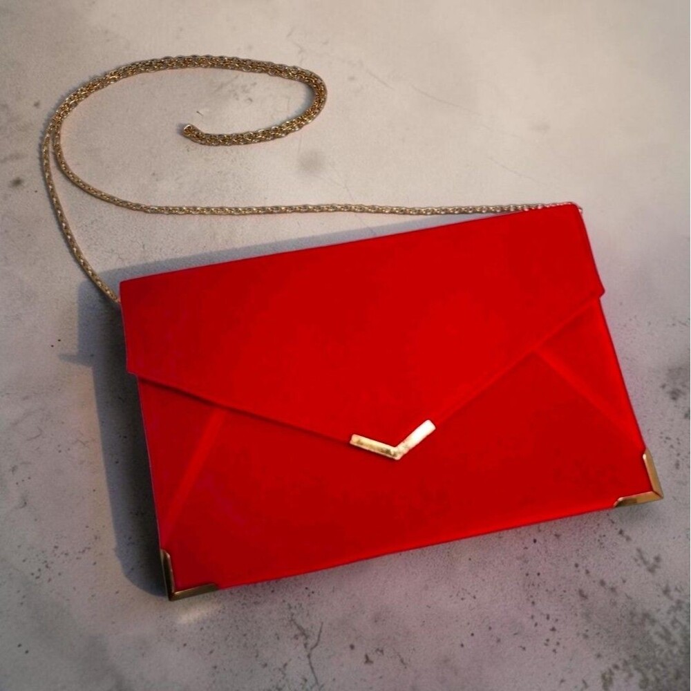 Red Velvet Envelope Clutch Purse Gold Chain Strap Evening Bag Wedding Party
